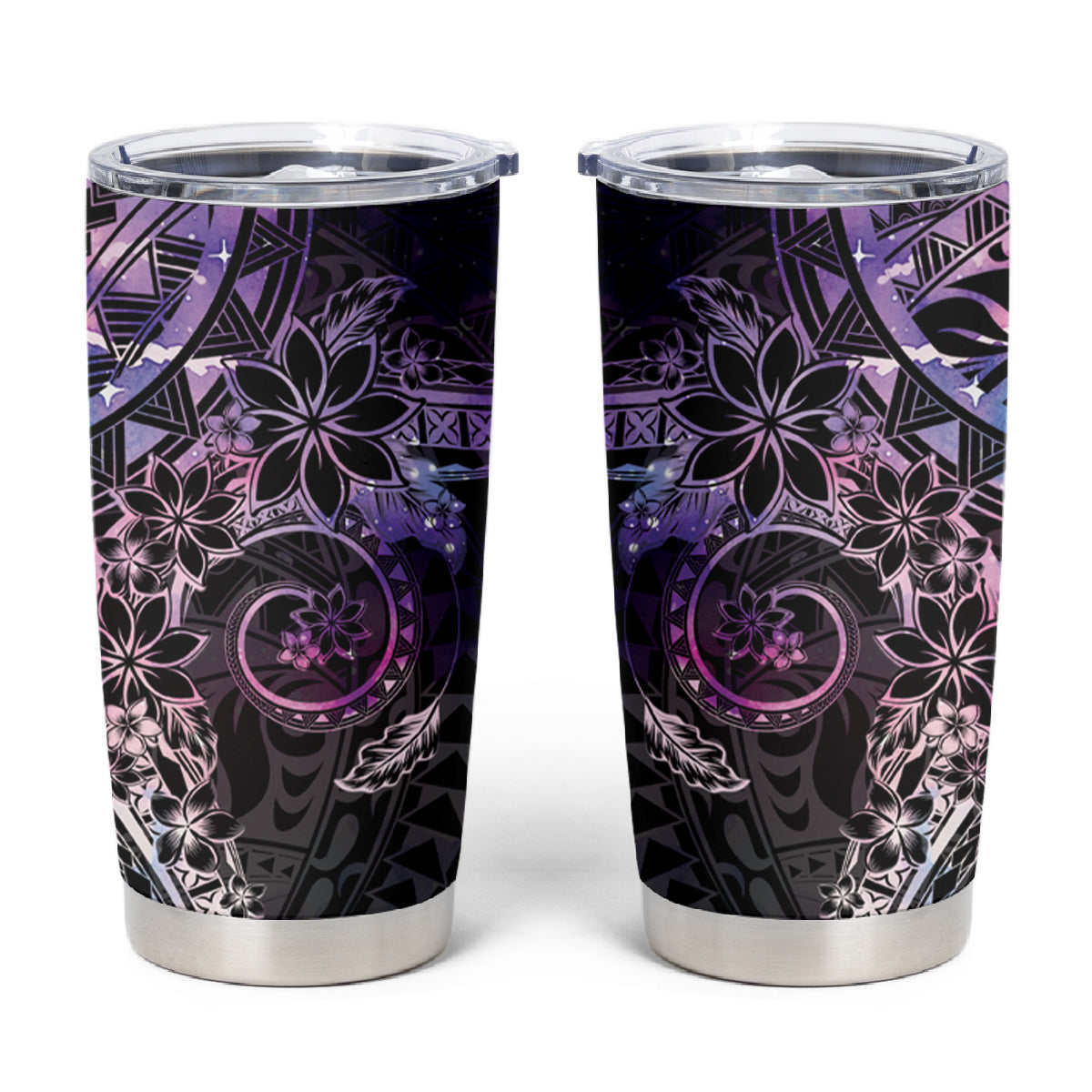 Galaxy Polynesian Pattern With Plumeria Flowers Tumbler Cup