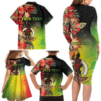 Aboriginal Dot Art Vanuatu Personalised Family Matching Long Sleeve Bodycon Dress and Hawaiian Shirt Tropical Flowers