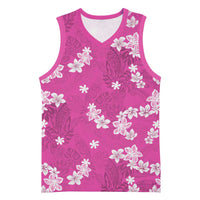 Hawaii Monstera Deliciosa Basketball Jersey Pink Plumeria Polynesian Pattern - Polynesian Pride