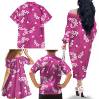Hawaii Monstera Deliciosa Family Matching Off The Shoulder Long Sleeve Dress and Hawaiian Shirt Pink Plumeria Polynesian Pattern - Polynesian Pride
