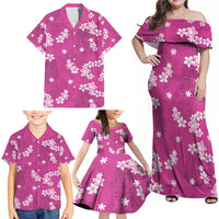 Hawaii Monstera Deliciosa Family Matching Off Shoulder Maxi Dress and Hawaiian Shirt Pink Plumeria Polynesian Pattern - Polynesian Pride