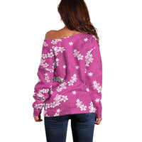 Hawaii Monstera Deliciosa Off Shoulder Sweater Pink Plumeria Polynesian Pattern - Polynesian Pride
