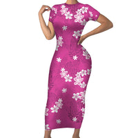 Hawaii Monstera Deliciosa Short Sleeve Bodycon Dress Pink Plumeria Polynesian Pattern - Polynesian Pride