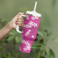 Hawaii Monstera Deliciosa Tumbler With Handle Pink Plumeria Polynesian Pattern - Polynesian Pride