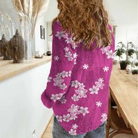 Hawaii Monstera Deliciosa Women Casual Shirt Pink Plumeria Polynesian Pattern - Polynesian Pride