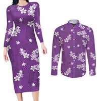 Hawaii Monstera Deliciosa Couples Matching Long Sleeve Bodycon Dress and Long Sleeve Button Shirt Purple Plumeria Polynesian Pattern - Polynesian Pride