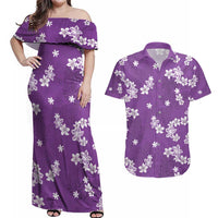 Hawaii Monstera Deliciosa Couples Matching Off Shoulder Maxi Dress and Hawaiian Shirt Purple Plumeria Polynesian Pattern - Polynesian Pride
