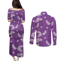 Hawaii Monstera Deliciosa Couples Matching Puletasi and Long Sleeve Button Shirt Purple Plumeria Polynesian Pattern - Polynesian Pride