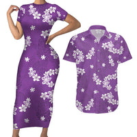 Hawaii Monstera Deliciosa Couples Matching Short Sleeve Bodycon Dress and Hawaiian Shirt Purple Plumeria Polynesian Pattern - Polynesian Pride