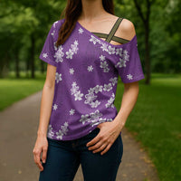 Hawaii Monstera Deliciosa Cross Shoulder Shirt Purple Plumeria Polynesian Pattern - Polynesian Pride