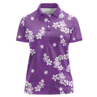 Hawaii Monstera Deliciosa Women Polo Shirt Purple Plumeria Polynesian Pattern - Polynesian Pride