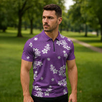 Hawaii Monstera Deliciosa Zipper Polo Shirt Purple Plumeria Polynesian Pattern - Polynesian Pride