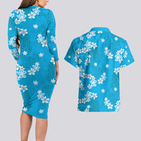 Hawaii Monstera Deliciosa Couples Matching Long Sleeve Bodycon Dress and Hawaiian Shirt Blue Plumeria Polynesian Pattern - Polynesian Pride
