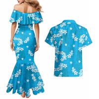 Hawaii Monstera Deliciosa Couples Matching Mermaid Dress and Hawaiian Shirt Blue Plumeria Polynesian Pattern - Polynesian Pride