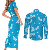 Hawaii Monstera Deliciosa Couples Matching Short Sleeve Bodycon Dress and Long Sleeve Button Shirt Blue Plumeria Polynesian Pattern - Polynesian Pride