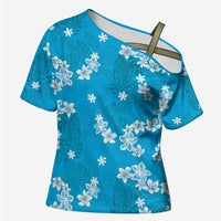 Hawaii Monstera Deliciosa Cross Shoulder Shirt Blue Plumeria Polynesian Pattern - Polynesian Pride