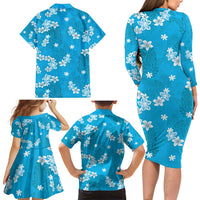 Hawaii Monstera Deliciosa Family Matching Long Sleeve Bodycon Dress and Hawaiian Shirt Blue Plumeria Polynesian Pattern - Polynesian Pride