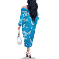 Hawaii Monstera Deliciosa Family Matching Off The Shoulder Long Sleeve Dress and Hawaiian Shirt Blue Plumeria Polynesian Pattern - Polynesian Pride