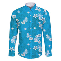 Hawaii Monstera Deliciosa Family Matching Off Shoulder Short Dress and Hawaiian Shirt Blue Plumeria Polynesian Pattern - Polynesian Pride