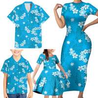 Hawaii Monstera Deliciosa Family Matching Short Sleeve Bodycon Dress and Hawaiian Shirt Blue Plumeria Polynesian Pattern - Polynesian Pride