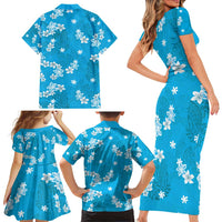 Hawaii Monstera Deliciosa Family Matching Short Sleeve Bodycon Dress and Hawaiian Shirt Blue Plumeria Polynesian Pattern - Polynesian Pride