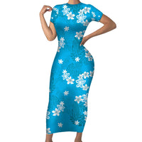 Hawaii Monstera Deliciosa Family Matching Short Sleeve Bodycon Dress and Hawaiian Shirt Blue Plumeria Polynesian Pattern - Polynesian Pride