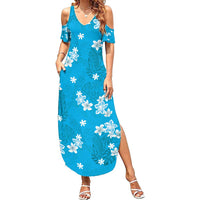 Hawaii Monstera Deliciosa Family Matching Summer Maxi Dress and Hawaiian Shirt Blue Plumeria Polynesian Pattern - Polynesian Pride