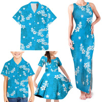 Hawaii Monstera Deliciosa Family Matching Tank Maxi Dress and Hawaiian Shirt Blue Plumeria Polynesian Pattern - Polynesian Pride