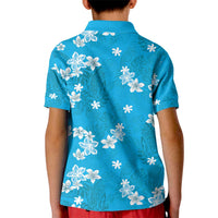 Hawaii Monstera Deliciosa Kid Polo Shirt Blue Plumeria Polynesian Pattern - Polynesian Pride