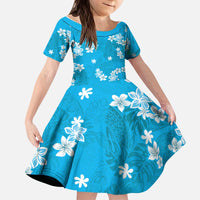 Hawaii Monstera Deliciosa Kid Short Sleeve Dress Blue Plumeria Polynesian Pattern - Polynesian Pride