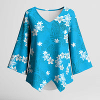 Hawaii Monstera Deliciosa Kimono Sleeve Blouse Blue Plumeria Polynesian Pattern - Polynesian Pride