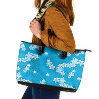 Hawaii Monstera Deliciosa Leather Tote Bag Blue Plumeria Polynesian Pattern LT05 Blue - Polynesian Pride