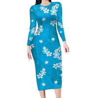 Hawaii Monstera Deliciosa Long Sleeve Bodycon Dress Blue Plumeria Polynesian Pattern - Polynesian Pride