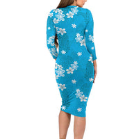 Hawaii Monstera Deliciosa Long Sleeve Bodycon Dress Blue Plumeria Polynesian Pattern - Polynesian Pride