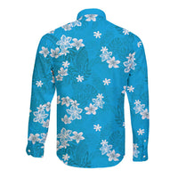 Hawaii Monstera Deliciosa Long Sleeve Button Shirt Blue Plumeria Polynesian Pattern - Polynesian Pride