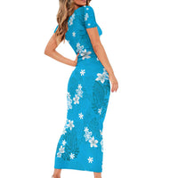 Hawaii Monstera Deliciosa Short Sleeve Bodycon Dress Blue Plumeria Polynesian Pattern - Polynesian Pride