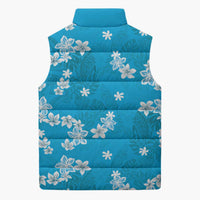 Hawaii Monstera Deliciosa Sleeveless Puffer Jacket Blue Plumeria Polynesian Pattern - Polynesian Pride