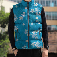 Hawaii Monstera Deliciosa Sleeveless Puffer Jacket Blue Plumeria Polynesian Pattern - Polynesian Pride