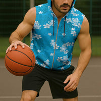 Hawaii Monstera Deliciosa Sleeveless Zip Hoodie Blue Plumeria Polynesian Pattern - Polynesian Pride