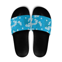 Hawaii Monstera Deliciosa Slide Sandals Blue Plumeria Polynesian Pattern - Polynesian Pride
