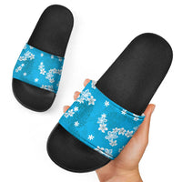 Hawaii Monstera Deliciosa Slide Sandals Blue Plumeria Polynesian Pattern - Polynesian Pride