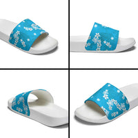 Hawaii Monstera Deliciosa Slide Sandals Blue Plumeria Polynesian Pattern - Polynesian Pride