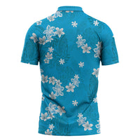 Hawaii Monstera Deliciosa Zipper Polo Shirt Blue Plumeria Polynesian Pattern LT05 - Polynesian Pride