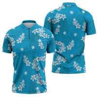 Hawaii Monstera Deliciosa Zipper Polo Shirt Blue Plumeria Polynesian Pattern LT05 - Polynesian Pride