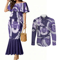 Utah State Polynesian Heritage Couples Matching Mermaid Dress and Long Sleeve Button Shirt Floral Tribal Pattern Tropical Flowers