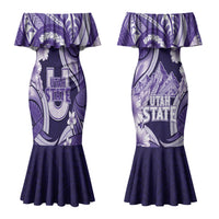 Utah State Polynesian Heritage Couples Matching Mermaid Dress and Long Sleeve Button Shirt Floral Tribal Pattern Tropical Flowers