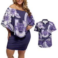 Utah State Polynesian Heritage Couples Matching Off Shoulder Short Dress and Hawaiian Shirt Floral Tribal Pattern Tropical Flowers