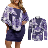 Utah State Polynesian Heritage Couples Matching Off Shoulder Short Dress and Long Sleeve Button Shirt Floral Tribal Pattern Tropical Flowers