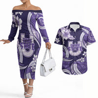Utah State Polynesian Heritage Couples Matching Off The Shoulder Long Sleeve Dress and Hawaiian Shirt Floral Tribal Pattern Tropical Flowers