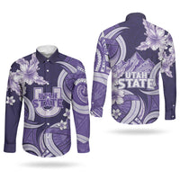 Utah State Polynesian Heritage Couples Matching Off The Shoulder Long Sleeve Dress and Long Sleeve Button Shirt Floral Tribal Pattern Tropical Flowers